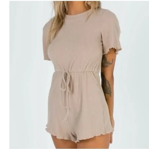 Princess Polly Aiken Soft Ribbed Short Sleeve Front Tie Romper Size 4 - Picture 3 of 14